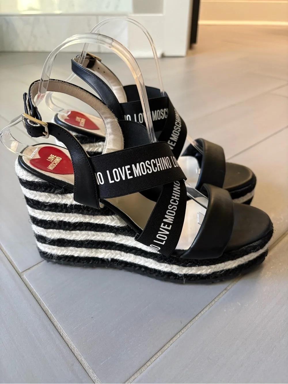 Love Moschino Black and White Logo Wedge Sandals